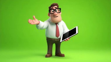 İş adamının 3 boyutlu animasyonu, seyirciye bir tablet gösteriyor:.