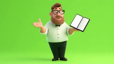 Garson 'un 3 boyutlu animasyonu menü ögelerini boş kitap menüsü olan 124- Yeşil Ekran ile açıklıyor.