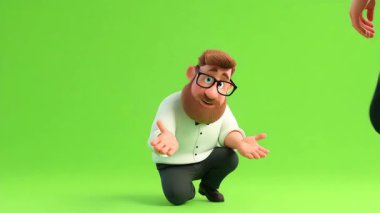 Garson 'un 3D animasyonu 124B biriyle konuşmak için diz çökmüş durumda..