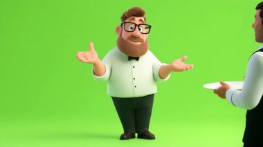 Garson 3D animasyonu müşteriyle gülüyor..