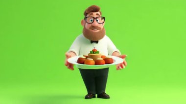 Garson 'un 3D animasyonu 124B plakalı bir yemek öneriyor; Yeşil Ekran.