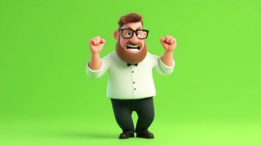 Garson 'un 3 boyutlu animasyonu süper kızgın jest ve 124ncü caddede zıplama; Yeşil Ekran.