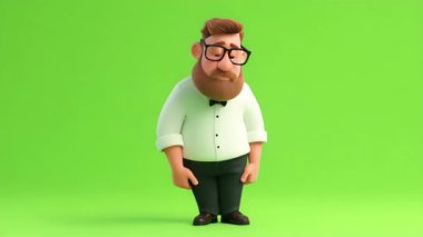 Garson 'un 3D animasyonu 124ncü dinlenme odasında bitkin bir şekilde oturuyor..