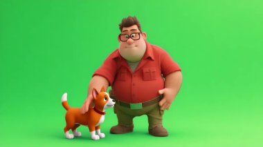 Gözlüklü, kahverengi saçlı, kırmızı tişörtlü, şişman itfaiyecinin 3 boyutlu animasyonu korkmuş bir evcil hayvanı sakinleştirir..