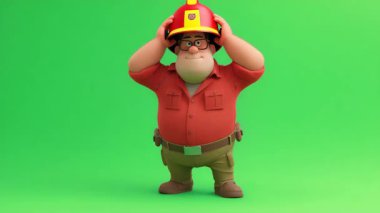 3D Şişko İtfaiyeci animasyonu, gözlüklü, kahverengi saçlı, kırmızı tişörtlü, kasklı ve teçhizatlı....