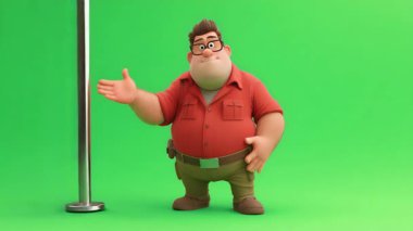 Gözlüklü, kahverengi saçlı, kırmızı gömlekli, şişman itfaiyecinin 3D animasyonu, 124ncü direğe sıkıca tutunuyor, yeşil ekran..