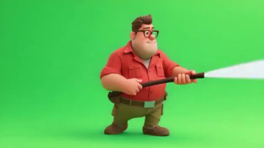 3D Şişko İtfaiyeci animasyonu, gözlüklü ve kahverengi saçlı, kırmızı tişörtlü, araba yangınını bastırıyor..