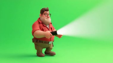 Gözlüklü ve kahverengi saçlı şişman itfaiyecinin 3 boyutlu animasyonu, kırmızı gömlekli, fenerli bir odayı arıyor:.