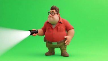 3D Şişko İtfaiyeci animasyonu, gözlüklü, kahverengi saçlı, kırmızı gömlekli, fenerli, fenerli, yeşil ekranlı..