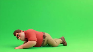 Gözlüklü, kahverengi saçlı, kırmızı tişörtlü, şişman itfaiyecinin 3 boyutlu animasyonu yıkılıyor ve 124- Yeşil Ekran 'a çıkıyor..