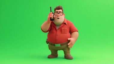 Gözlüklü, kahverengi saçlı, kırmızı tişörtlü, şişman itfaiyecinin 3D animasyonu, telsiz aracılığıyla konuşuyor..