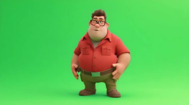 3D Şişko İtfaiyeci animasyonu, gözlüklü, kahverengi saçlı, kırmızı tişörtlü, yangını tespit etti ve 124 'te koştu..