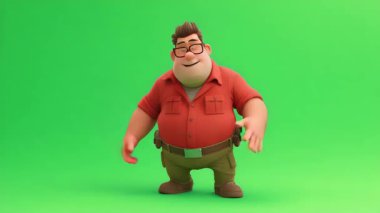 Gözlüklü, kahverengi saçlı, kırmızı tişörtlü, 3D Şişko İtfaiyeci animasyonu 124B planını açıklıyor..