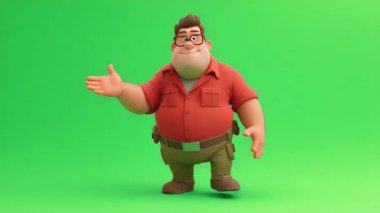 Gözlüklü, kahverengi saçlı, kırmızı tişörtlü, şişman itfaiyecinin 3 boyutlu animasyonu..