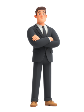 3 boyutlu karakter, kollarını kavuşturmuş takım elbiseli genç bir adam..