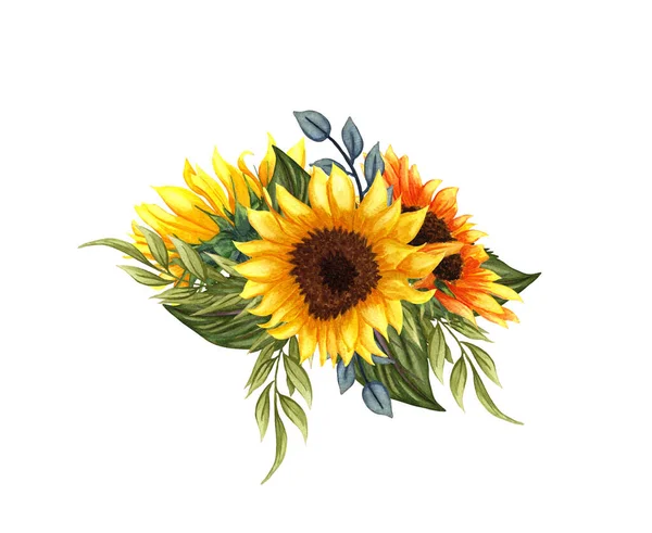 Akvarell Solrosor Bukett Med Vild Blomma Isolerad — Stockfoto