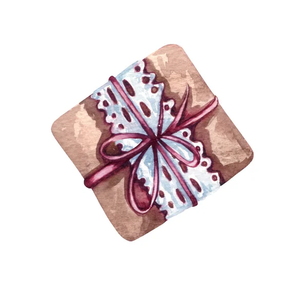 明るいリボンとクラフト紙の中の水彩ギフトボックス 白い背景に隔離された手描きの休日のデザイン要素 クリスマスプレゼント — ストック写真