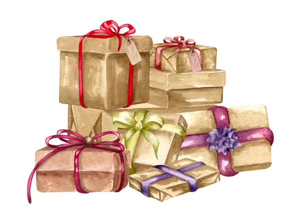 Watercolor Gift Box Craft Paper Bright Ribbon Hand Drawn Holiday — Stock Photo, Image