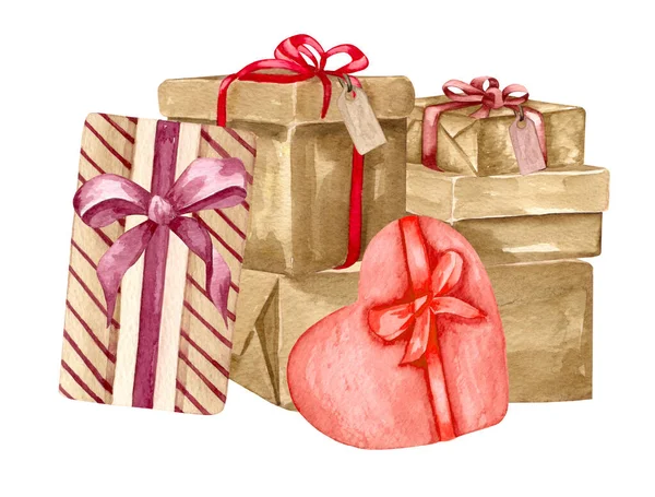色彩艳丽的彩色纸上的水彩盒 手工绘制的假日设计元素隔离在白色背景下 圣诞礼物 — 图库照片