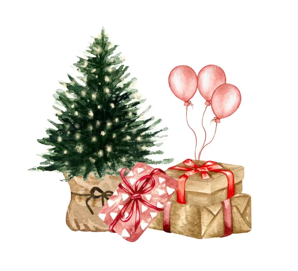 色彩艳丽的彩色纸上的水彩盒 手工绘制的假日设计元素隔离在白色背景下 圣诞礼物 — 图库照片
