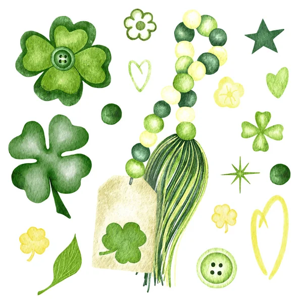 Zestaw Akwareli Dnia Świętego Patryka Zielonymi Liśćmi Bluszczem Koniczyną Ilustracja — Zdjęcie stockowe