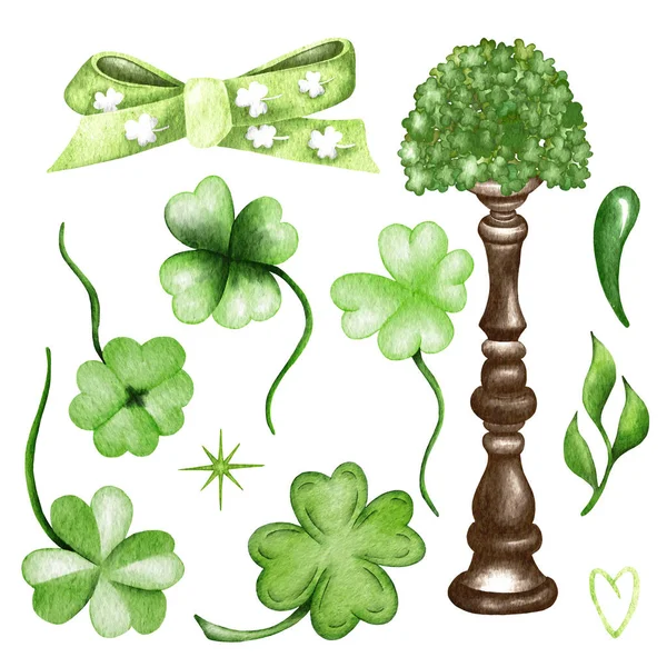 Patricks Day Akvarell Set Med Gröna Blad Murgröna Klöver Semesterillustration — Stockfoto