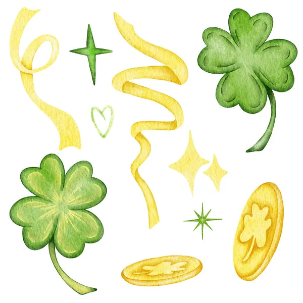 Patrick Day Watercolor Set Green Leafes Ivy Clover Holiday Illustration — Stock Photo, Image