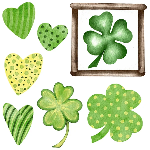 Patricks Day Akvarell Set Med Gröna Blad Murgröna Klöver Semesterillustration — Stockfoto