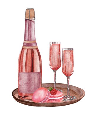 Suluboya şampanya. Bir şişe gül asması ve beyaz arka planda izole edilmiş bir bardak. Elle çizilmiş orijinal suluboya illüstrasyon pembe köpüklü şarap bir kafe, restoran, kutlama için menü veya kart.