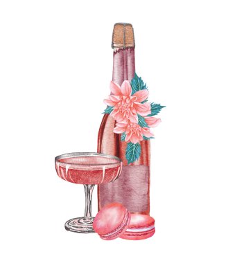Suluboya şampanya. Bir şişe gül asması ve beyaz arka planda izole edilmiş bir bardak. Elle çizilmiş orijinal suluboya illüstrasyon pembe köpüklü şarap bir kafe, restoran, kutlama için menü veya kart.
