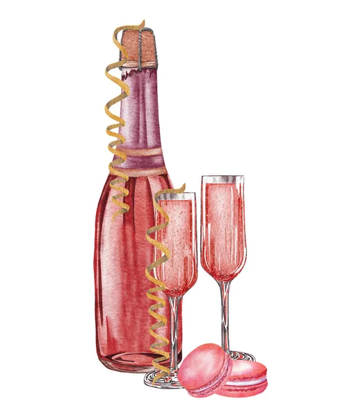 watercolor champagne. Bottle of Rose vine and a glass isolated on white background. Hand drawn original watercolor illustration pink sparkling wine a menu or card for a cafe, restaurant,celebration.