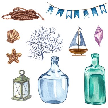 Güzel bir denizcilik seti. Suluboya. Deniz feneri, çapa, mercan, deniz yosunu, balina kabuğu direksiyon simidi ve şamandıra halkası dahil.
