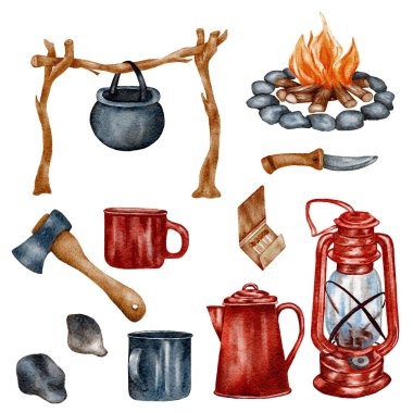 Suluboya Kamp Klibi. El çizimi vahşi kamp illüstrasyonu. Orman, yürüyüş tasarımı.