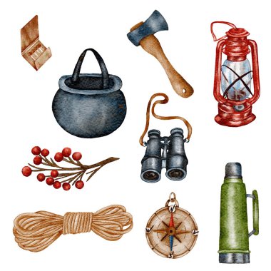 Suluboya Kamp Klibi. El çizimi vahşi kamp illüstrasyonu. Orman, yürüyüş tasarımı.