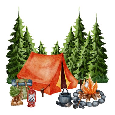 Camping clipart. Hand drawn wild camping illustration. Forest, hiking design. Watercolor tent in the meadow of the pine foreest