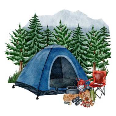 Camping clipart. Hand drawn wild camping illustration. Forest, hiking design. Watercolor tent in the meadow of the pine foreest