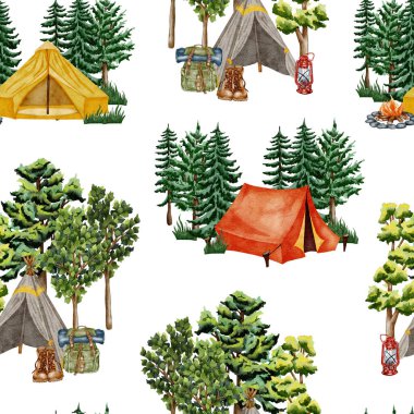 Forest seamless pattern. Wild nature. Camping watercolor seamless background ideal for cards, invitations, party, banners, baby shower, preschool.