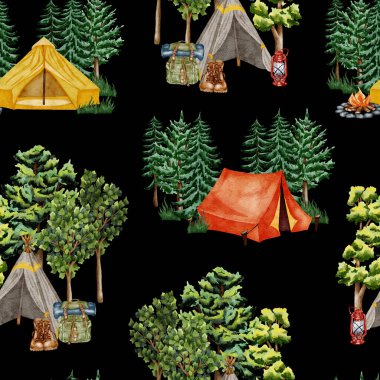 Forest seamless pattern. Wild nature. Camping watercolor seamless background ideal for cards, invitations, party, banners, baby shower, preschool.