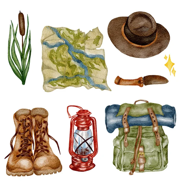 Watercolor Camping clipart. Hand drawn wild camping illustration. Forest, hiking design.