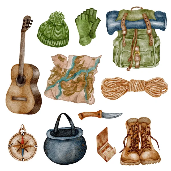 Suluboya Kamp Klibi. El çizimi vahşi kamp illüstrasyonu. Orman, yürüyüş tasarımı.