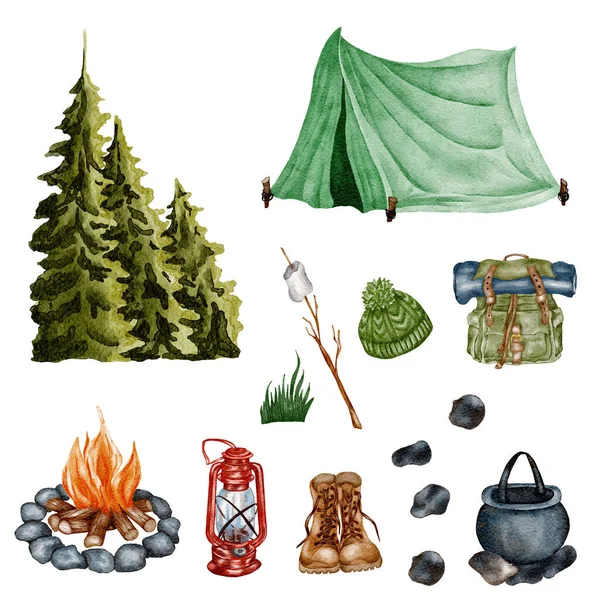 Watercolor Camping clipart. Hand drawn wild camping illustration. Forest, hiking design.
