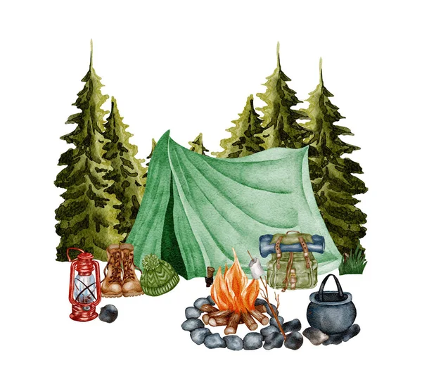 Camping clipart. Hand drawn wild camping illustration. Forest, hiking design. Watercolor tent in the meadow of the pine foreest..