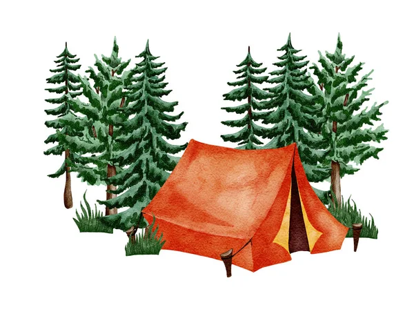 Camping clipart. Hand drawn wild camping illustration. Forest, hiking design. Watercolor tent in the meadow of the pine foreest..