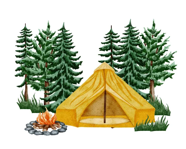 Camping clipart. Hand drawn wild camping illustration. Forest, hiking design. Watercolor tent in the meadow of the pine foreest..