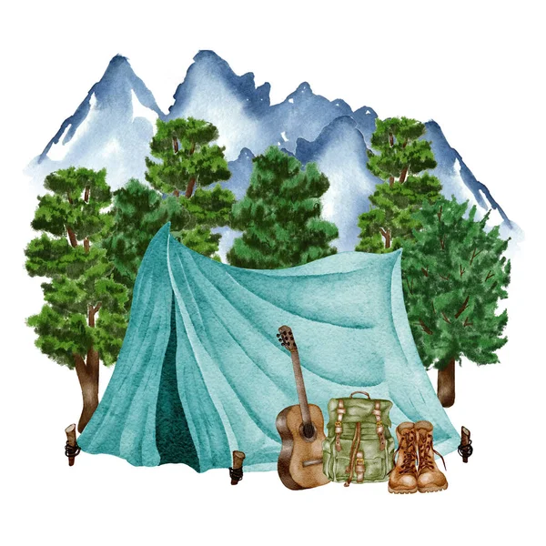 Camping clipart. Hand drawn wild camping illustration. Forest, hiking design. Watercolor tent in the meadow of the pine foreest