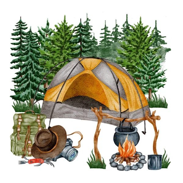 Camping clipart. Hand drawn wild camping illustration. Forest, hiking design. Watercolor tent in the meadow of the pine foreest