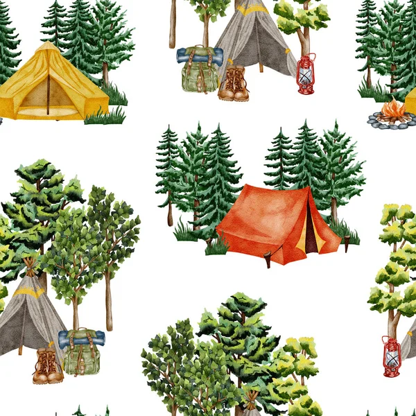 Forest seamless pattern. Wild nature. Camping watercolor seamless background ideal for cards, invitations, party, banners, baby shower, preschool.