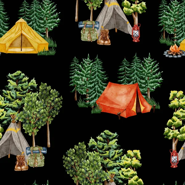 Forest seamless pattern. Wild nature. Camping watercolor seamless background ideal for cards, invitations, party, banners, baby shower, preschool.