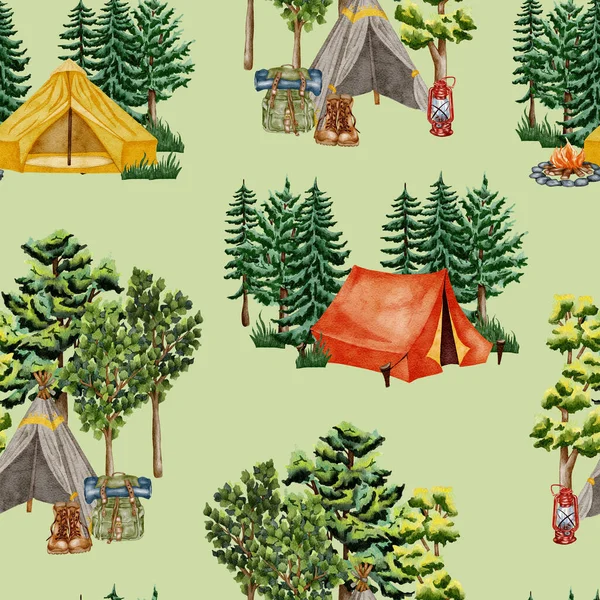 Forest seamless pattern. Wild nature. Camping watercolor seamless background ideal for cards, invitations, party, banners, baby shower, preschool.