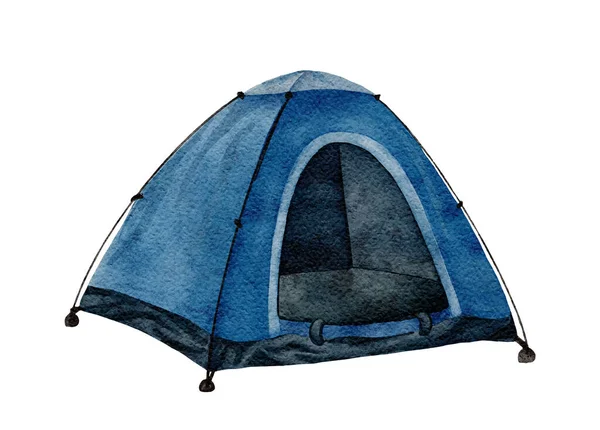 El çizimi suluboya çizimi. Kamp çadırı beyaz arka grubunda izole edilmiş..